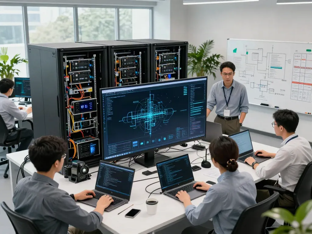 Engineers collaborating on innovative AI infrastructure design, showcasing advanced GPU servers and collaborative technology.