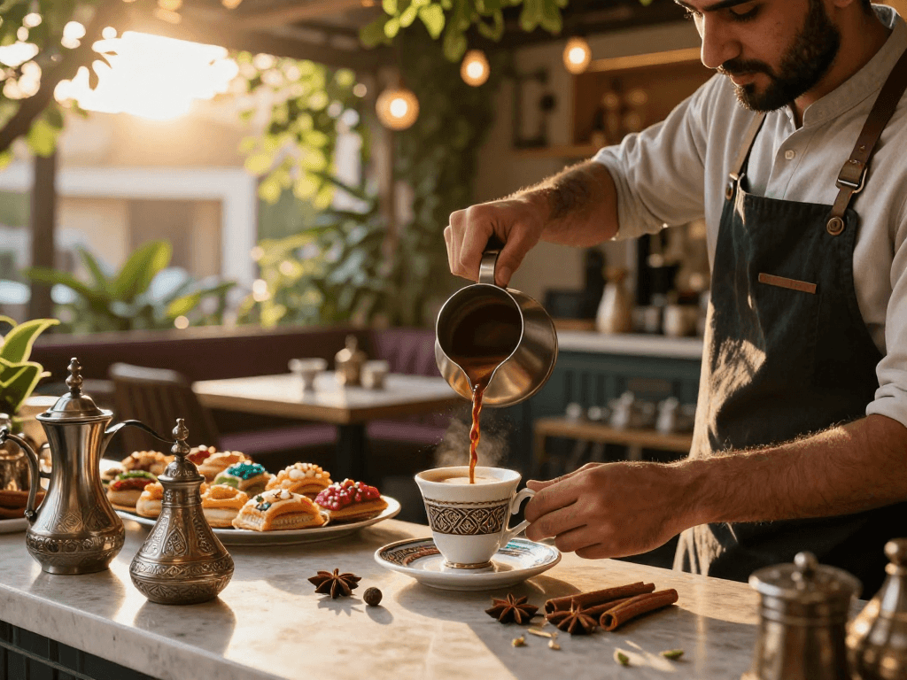 قهوجيين يحضرون القهوة العربية التقليدية مع مكونات عطرية في أجواء دافئة