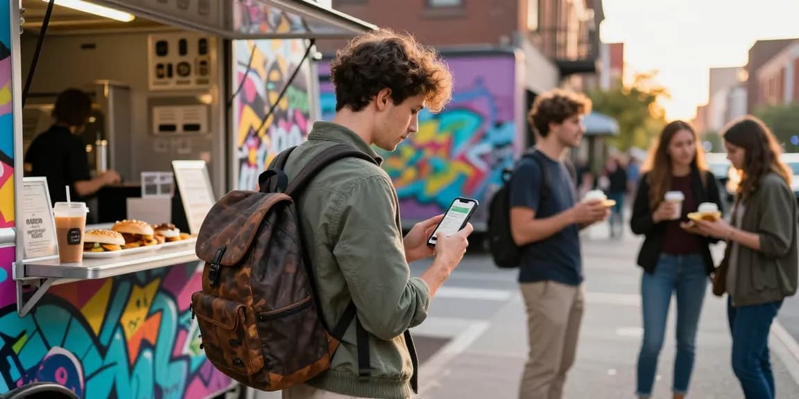 Motchill app in use by a young professional in a vibrant urban food scene.