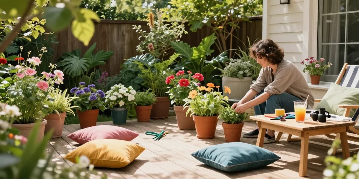 Motchill outdoor garden scene with vibrant plants and relaxing vibes