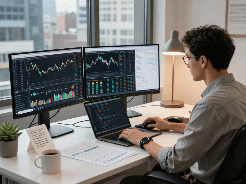 Financial analyst using TradingView for market analysis in a modern office.