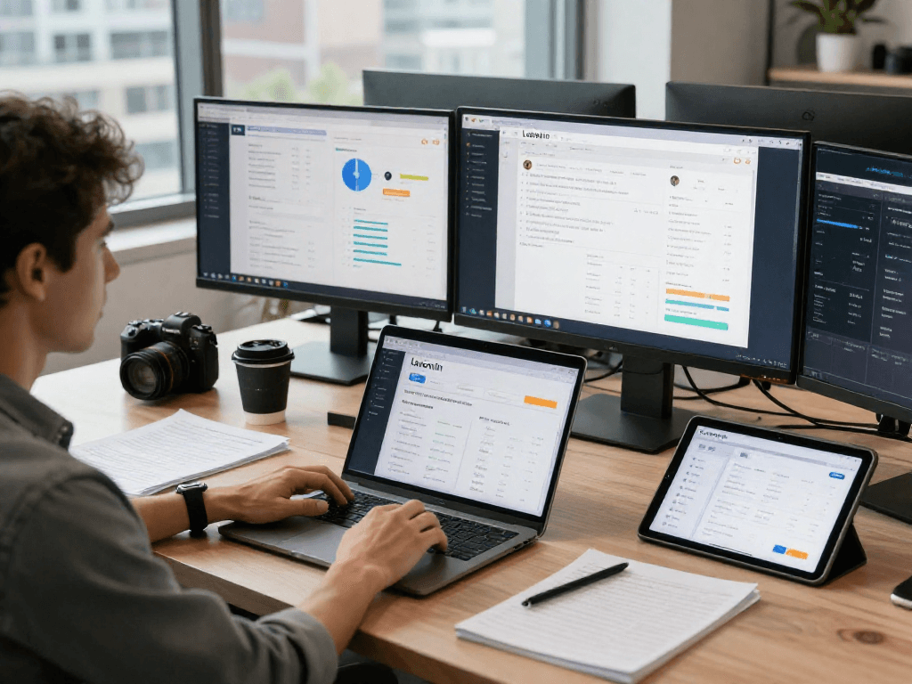 Logging into Lavowin on a laptop in a modern office workspace, showcasing tech productivity.