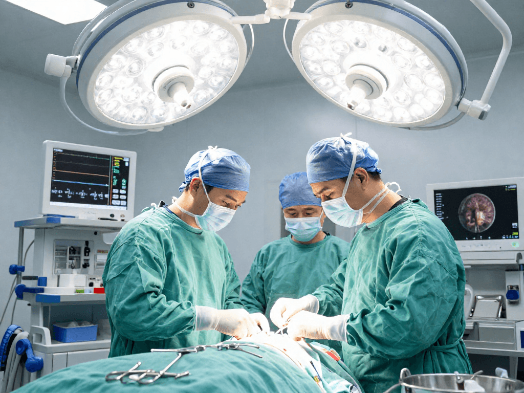 Beyin tümörü ameliyatı being performed by a skilled surgical team in a modern operating room, showcasing precision, advanced technology, and patient care.
