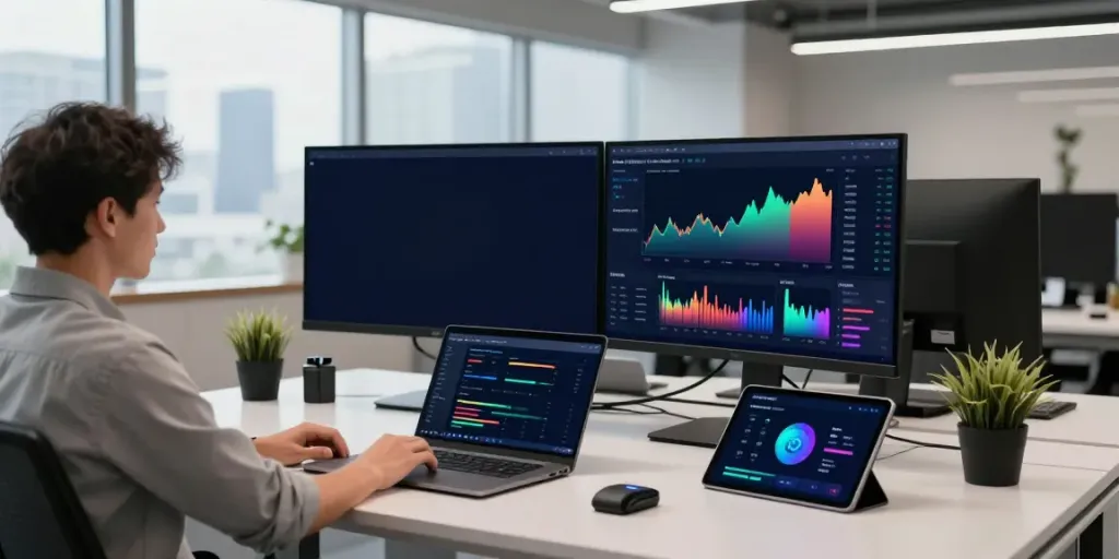 股票API integration showcasing real-time crypto trading data in a modern workspace with advanced technology.