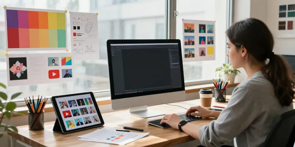 Affordable AI YouTube thumbnail generator interface in a modern design studio illuminated by natural light.