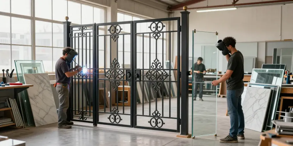 Artisans from Al taher carepentry and aluminium crafting metal gates in a bright workshop.