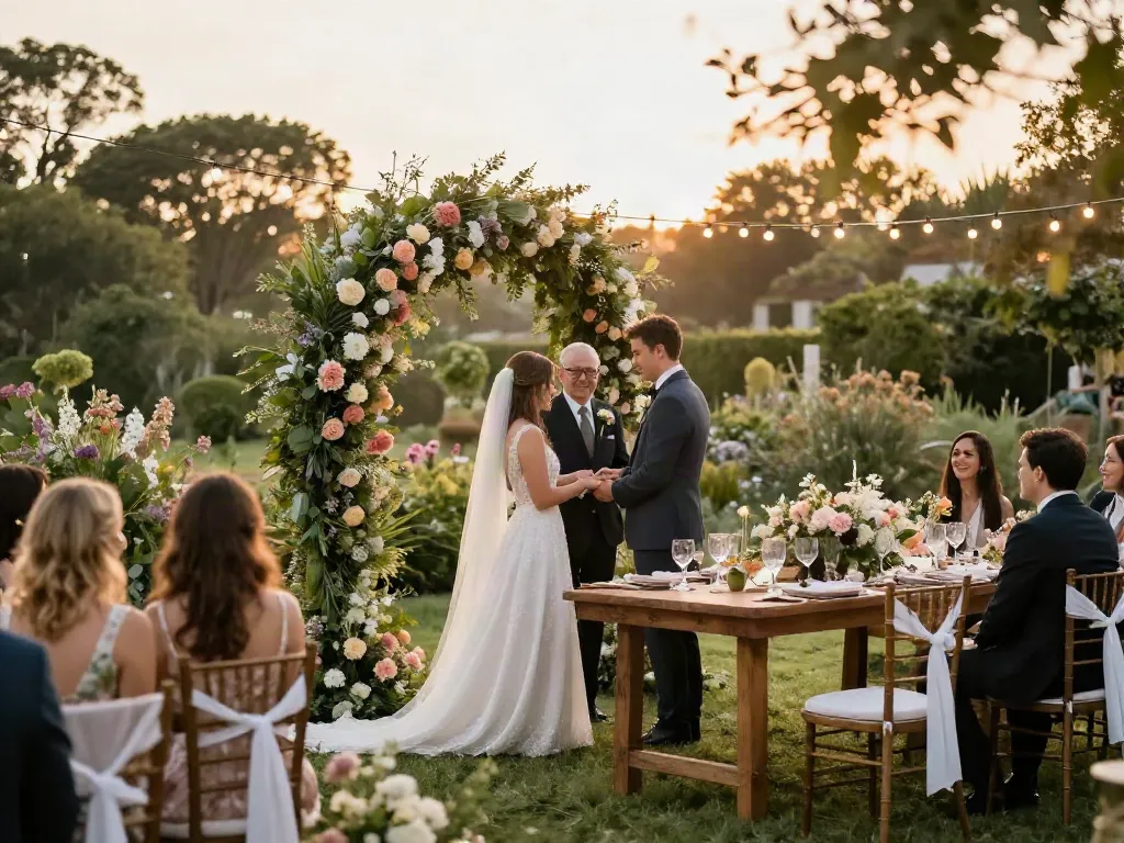 Stunning wedding event rentals creating an unforgettable outdoor ceremony with floral arch and elegant decor