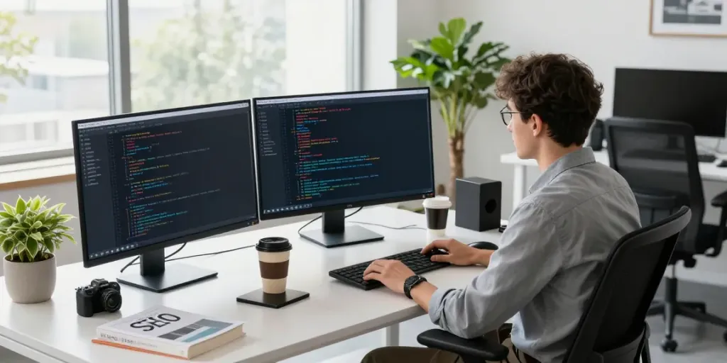 Workspace showcasing instant indexing in web development with coding screens and tech gadgets.