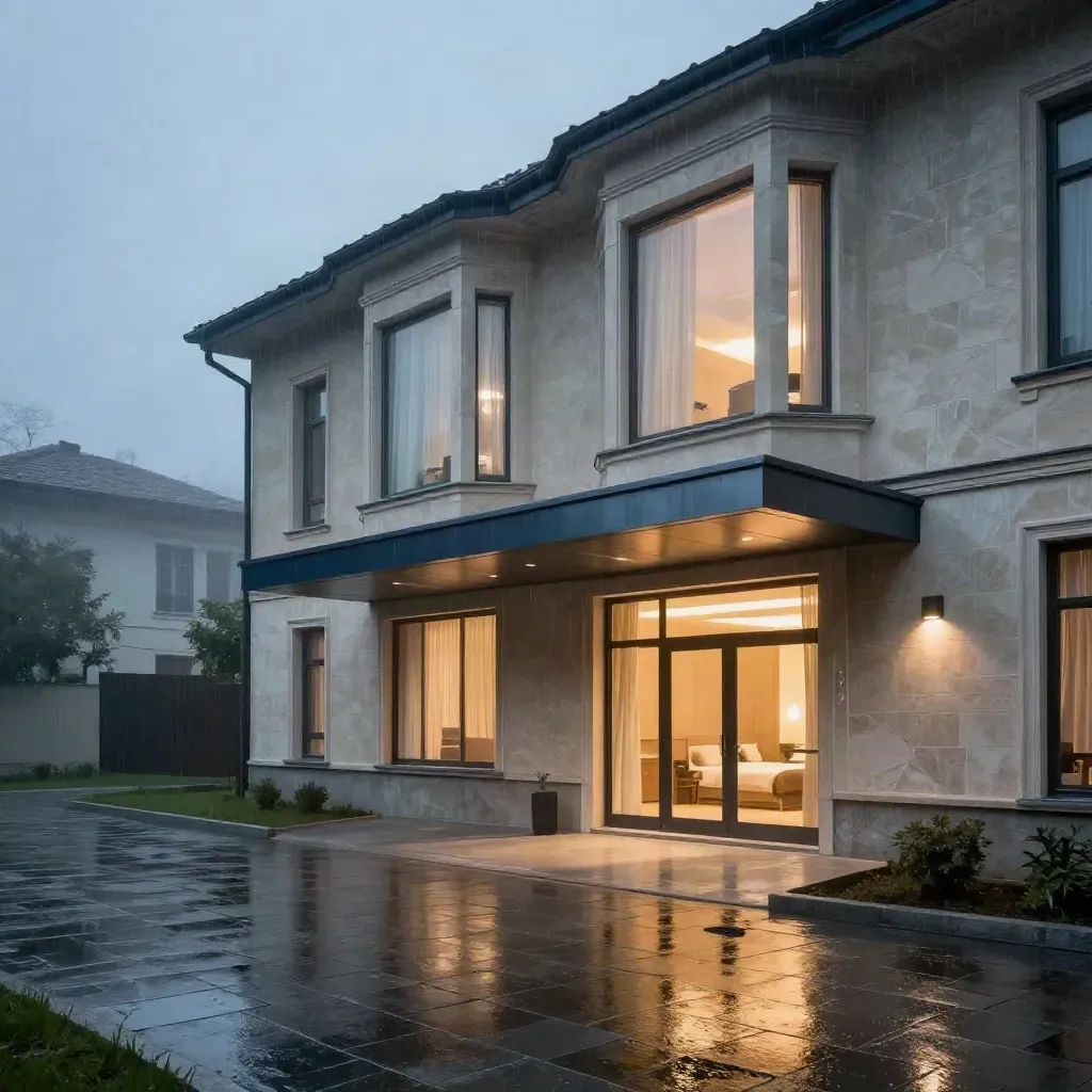 Rain-sheened modern dorm courtyard glowing at dusk under warm windows and a secure entry canopy.