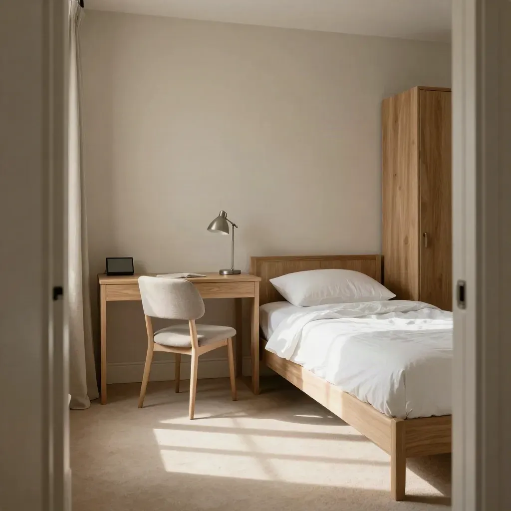 Private dorm room with a made single bed, study desk, chair, and wardrobe in warm morning light.