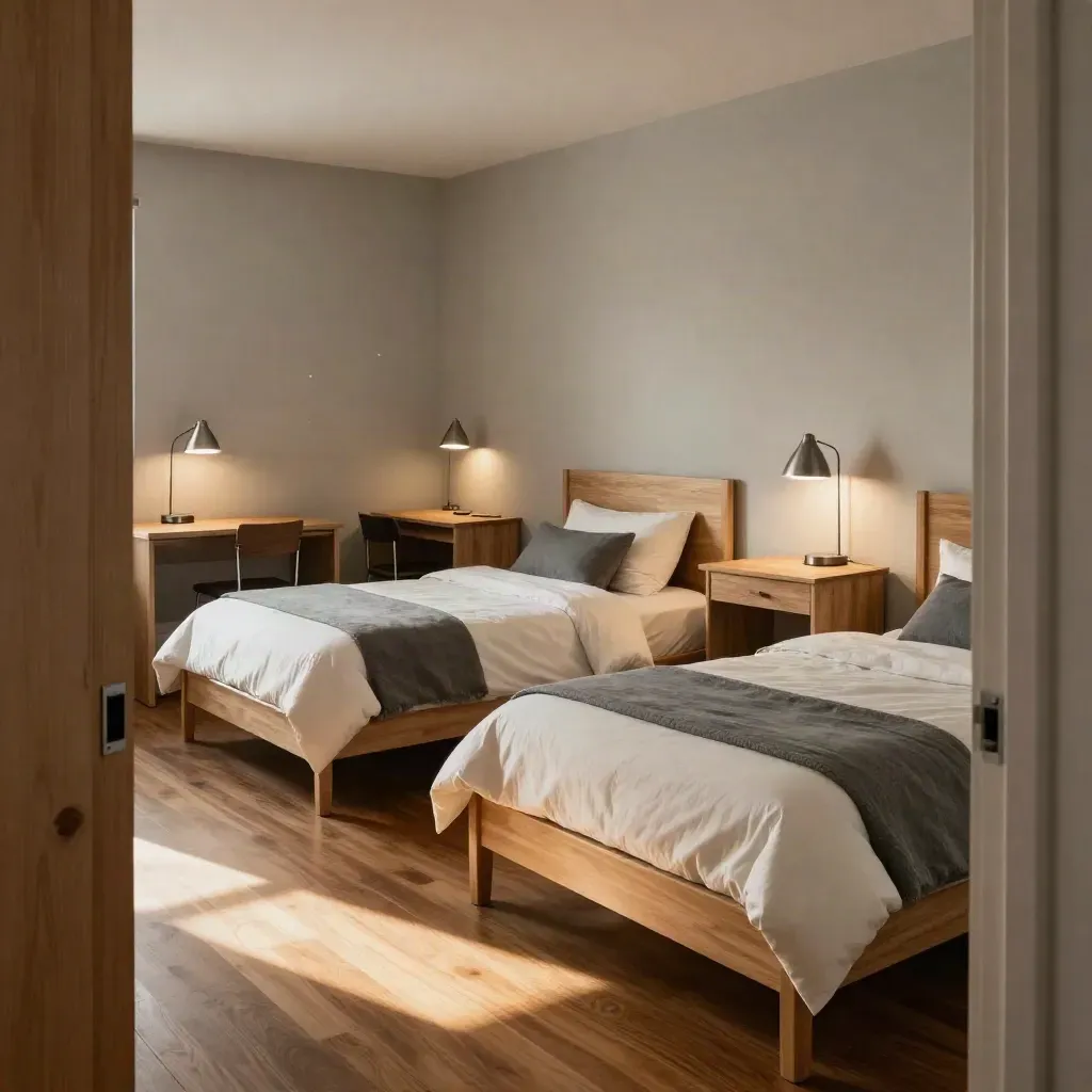 Three made beds and matching desks in a quiet shared dorm room with warm afternoon light.