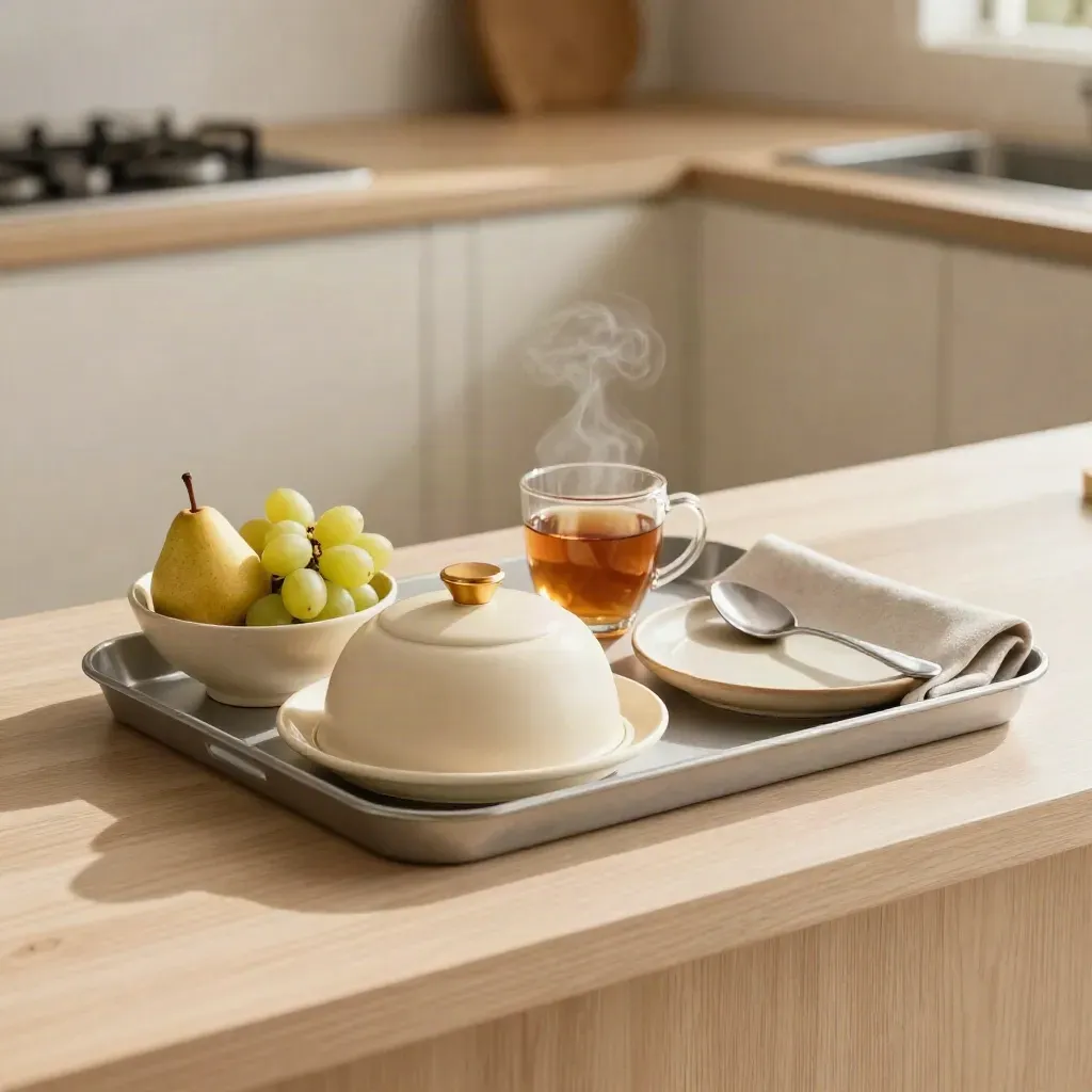 Steam rises from a tray meal with tea, fruit, and a covered dish in a warm dining nook.