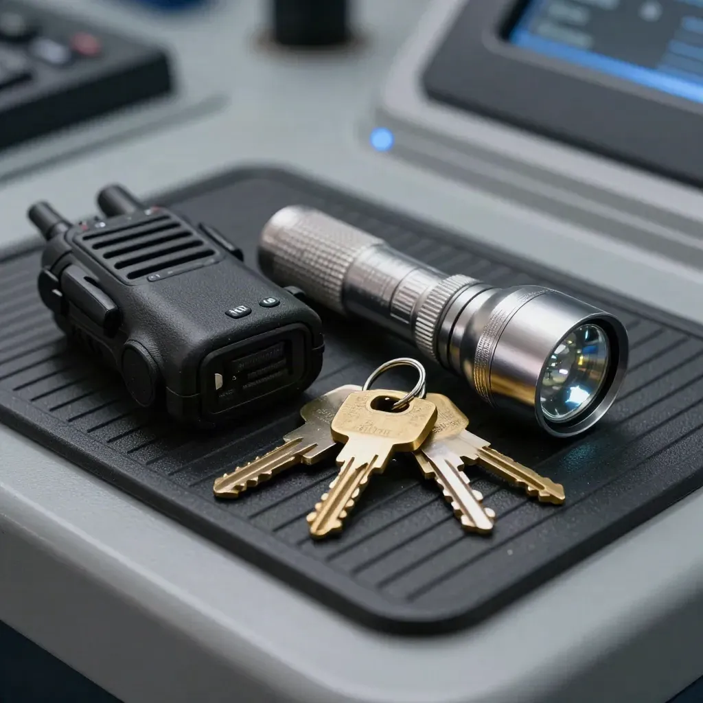 Security radio, flashlight, CCTV dome lens, and keys on a rubber mat