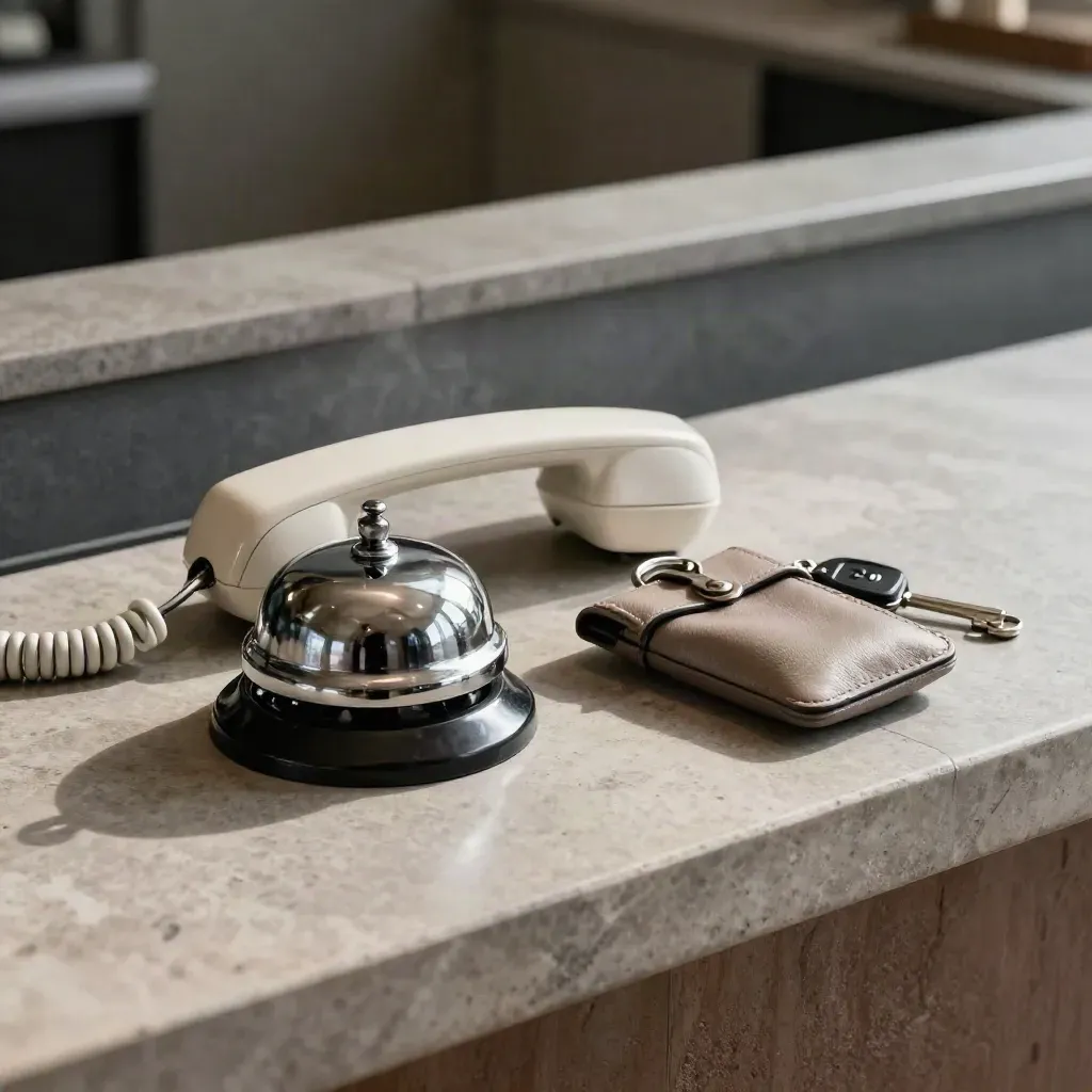 Reception bell, phone handset, and room-key pouch on a stone front desk in dramatic light.