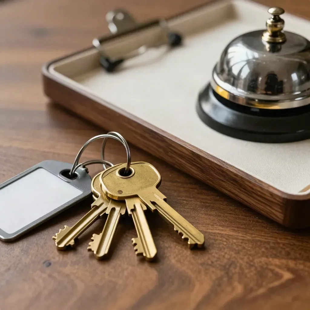 Brass keys, room-tag ring, binder clip and desk bell on walnut
