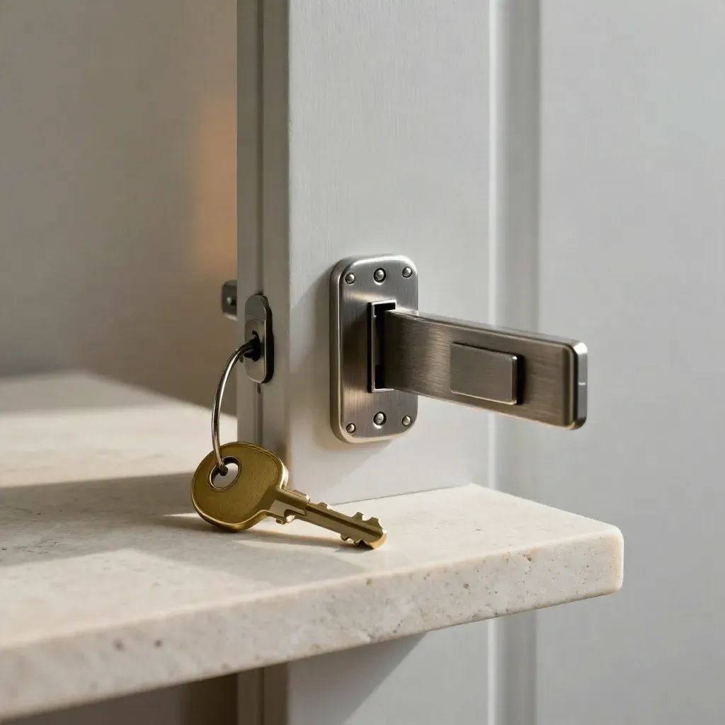 Dorm tour key, switch plate, and open latch on pale stone, lit from the side.