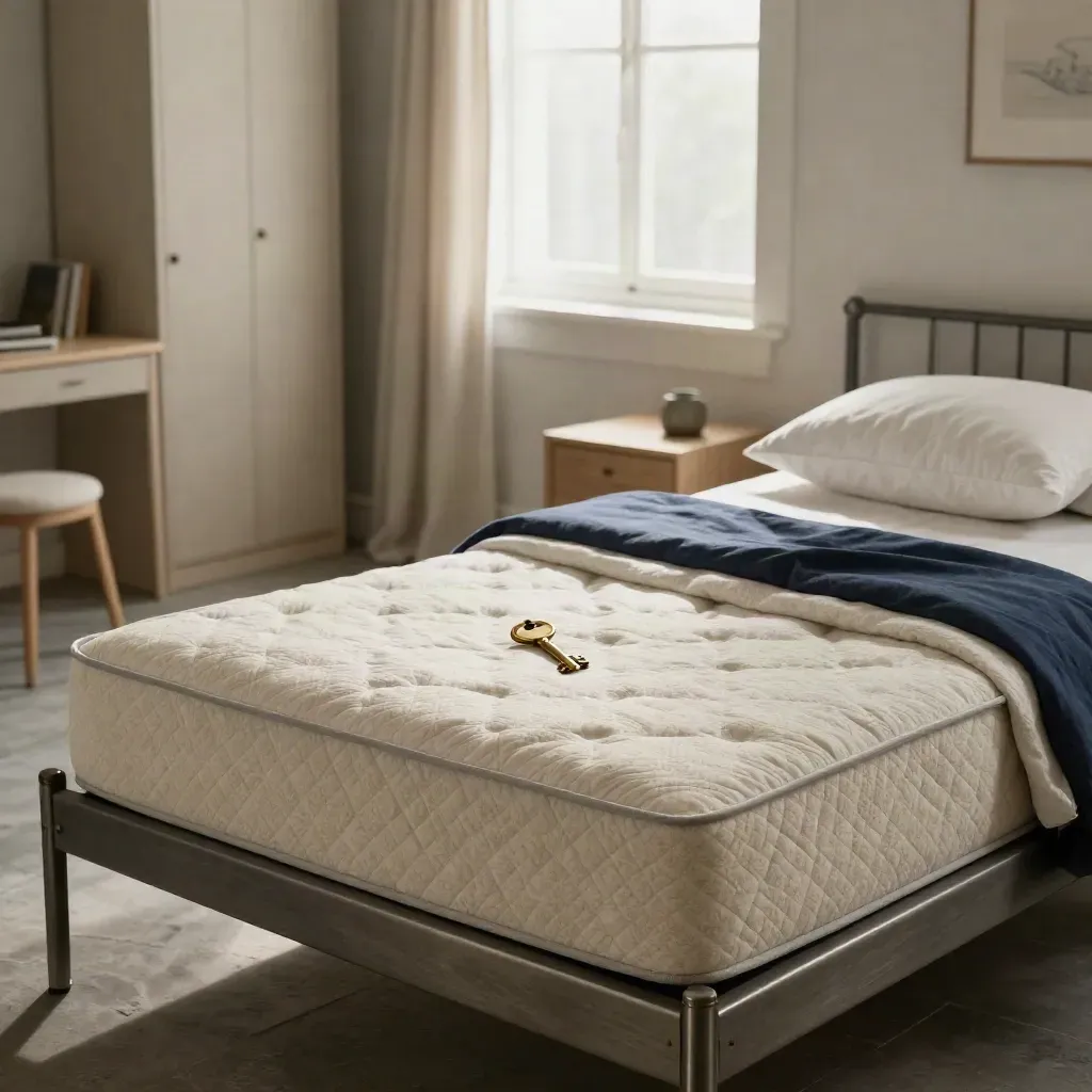 Dorm room bed with brass keys, folded duvet and fresh pillows by a bright window.
