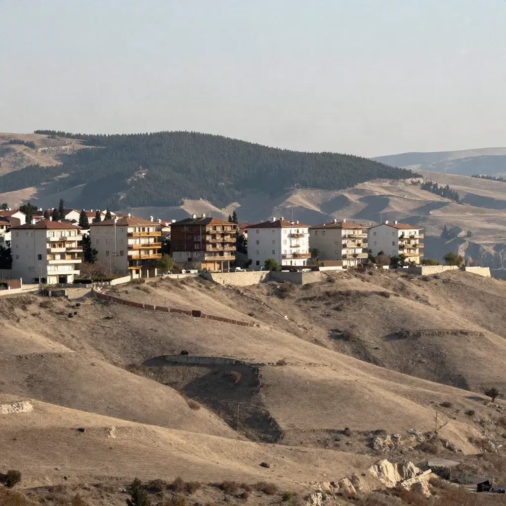 North Ankara hillside apartments above pine ridges in hazy late-afternoon light