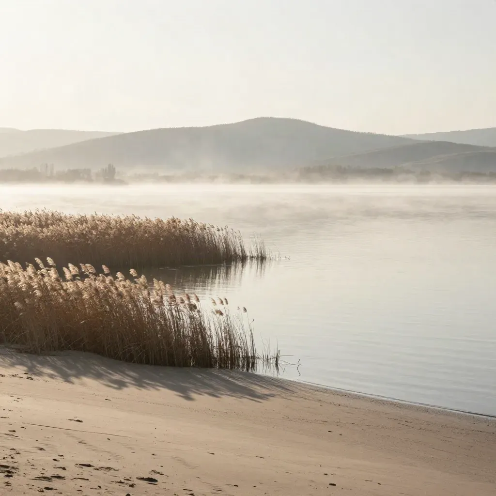 Gölbaşı lake shore at dawn with reeds, mist, calm water and distant hills