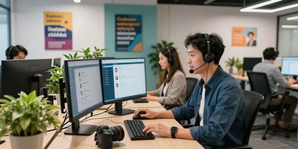 Customer support representative engaging with clients in a modern office.
