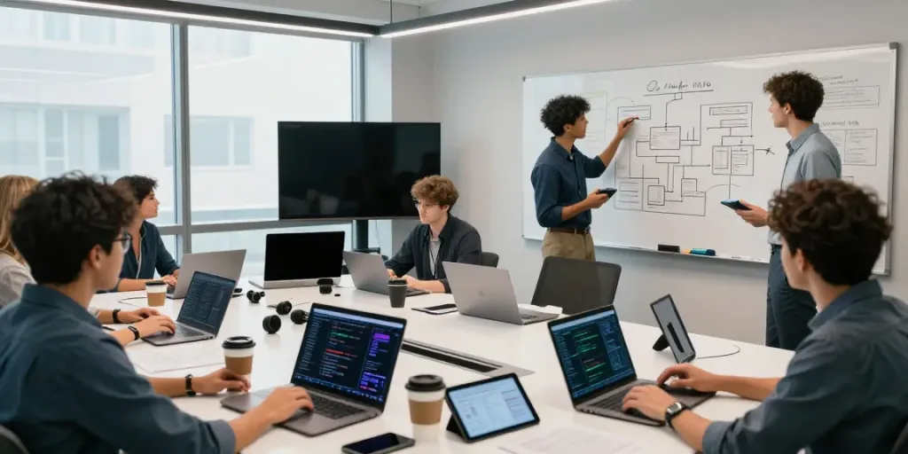 Collaborative team working on Enterprise AI solutions in modern office.