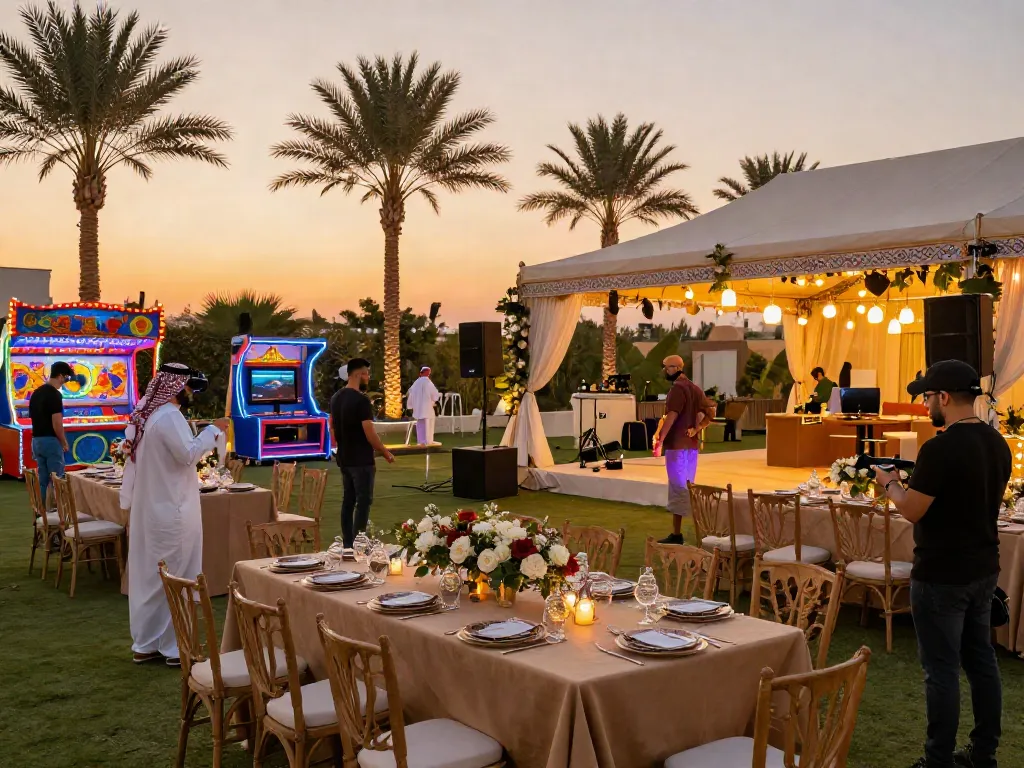 Event rentals showcase setup for a lavish outdoor gathering in Saudi Arabia, featuring elegant tents, sophisticated decor, and entertainment attractions.