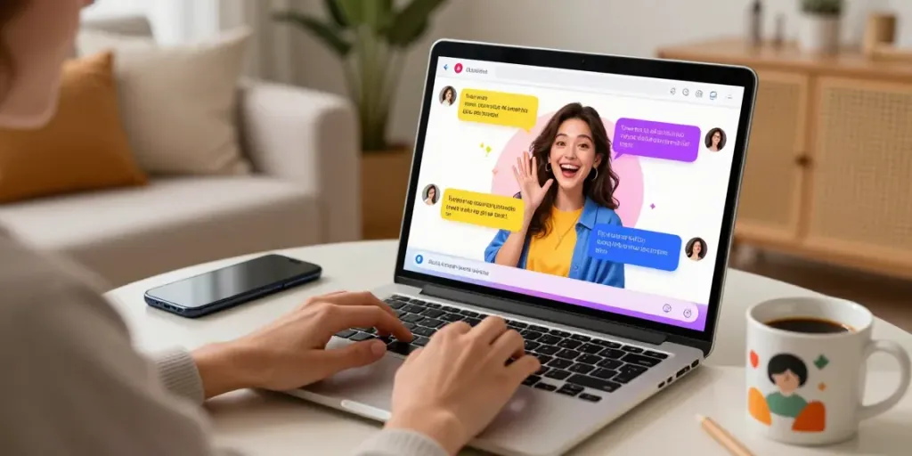 Engaging scene of a user enjoying free ai sex chat on a laptop in a cozy living room setting.
