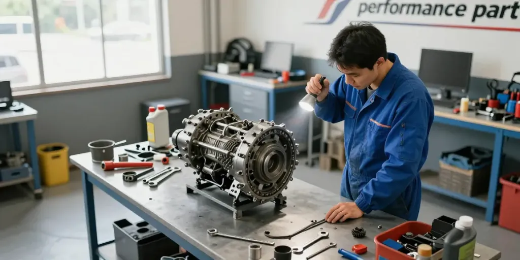 Mechanic inspecting a CD009 transmission for sale in a bright automotive workshop.