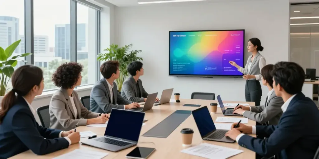 Team collaborating on BPI Net Empresas solutions in a modern conference room.