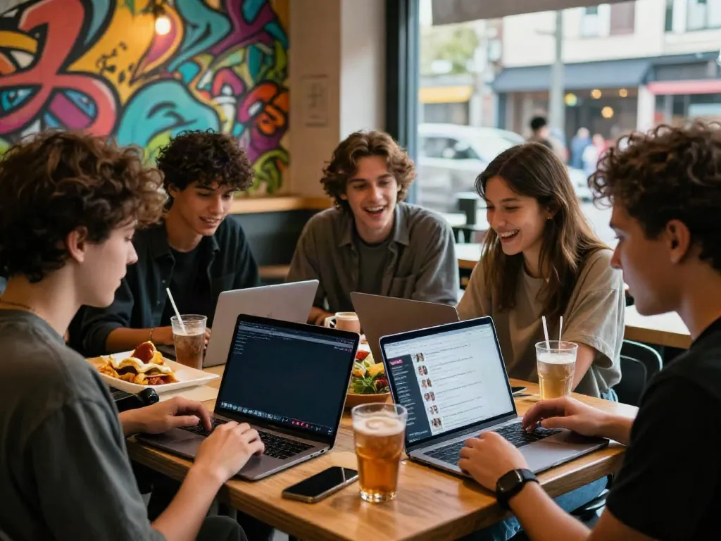Group of friends exploring onlyfans leaks content on devices in a lively urban café.