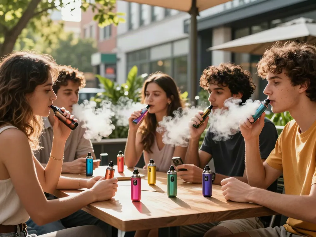 Friends enjoying nicotine salt vape devices outdoors in a vibrant urban café setting.